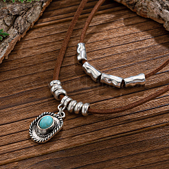 1 Set Alloy Pave Synthetic Turquoise Pendant Double Layer Cord Necklaces&nbsp;NJEW-CL0001-09A