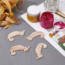 4Pcs Feather Rubber Wooden Carved Decor Applique&nbsp;WOOD-FH0001-83