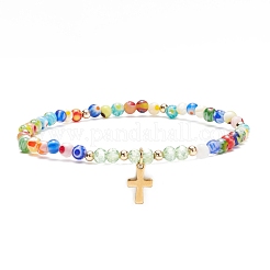 Millefiori Glass Beaded Stretch Bracelet with 304 Stainless Steel Cross Charm for Women&nbsp;BJEW-JB08521