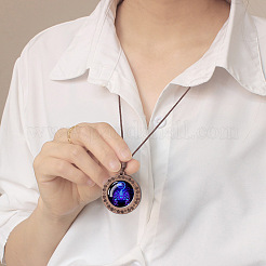 Flat Round with Twelve Constellations Blue Glass & Wood Pendant Waxed Leather Cord Necklace for Women Men&nbsp;WG486C3-08