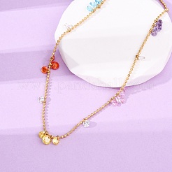304 Stainless Steel Ball Chain Colorful Cubic Zirconia Flat Round Tassel Necklaces for Women&nbsp;LS-NJEW-A051-03G-01