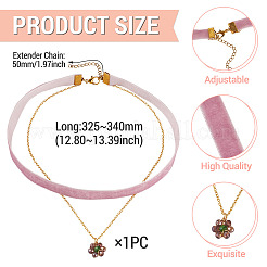 Glass Beaded Flower Pendant Single Face Medium Orchid Velvet Ribbon & Brass Cable Chain Double Layered Choker Necklaces&nbsp;NJEW-TAC0041