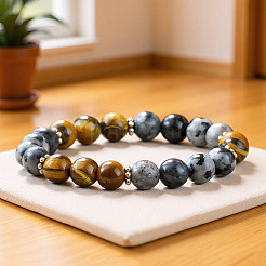 8MM Natural Tiger Eye and Larvikite Round Stretch Bracelets for Unisex&nbsp;WG7E450-01