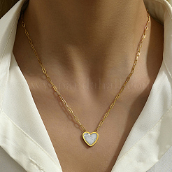 Natural Shell Heart Pendant Necklaces with Golden Stainless Steel Paperclip Chains&nbsp;EU3732-2