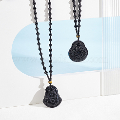 2Pcs 2 Styles Natural Obsidian Buddha Pendant Beaded Necklaces&nbsp;NJEW-UN0001-91