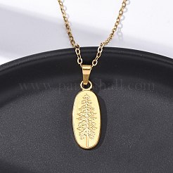 Oval with Pine Tree 304 Stainless Steel Pendant Necklaces&nbsp;NJEW-H059-24G