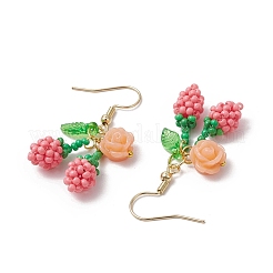 Flower with Cherry 304 Stainless Steel Glass Seed Beads Dangle Earrings&nbsp;EJEW-MZ00419-02