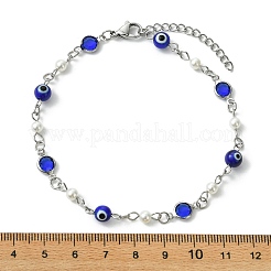 304 Stainless Steel & Glass & Blue Evil Eye Lampwork & Shell Pearl Link Chain Anklets&nbsp;AJEW-AN00812