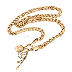 304 Stainless Steel Pave Clear Cubic Zirconia Flower Rectangle Tassel Pendant Necklaces for Women&nbsp;NJEW-K300-02G