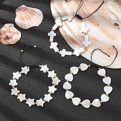 3Pcs 3 Style Cross Star Heart Natural Freshwater Shell Braided Bead Bracelets&nbsp;BJEW-TA00382