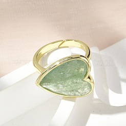 Heart Brass Natural Green Strawberry Quartz  Finger Rings&nbsp;X-RJEW-D304-01G-C