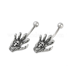 Skull Devil Hand 316 Surgical Stainless Steel Belly Button Rings&nbsp;EJEW-G416-12AS