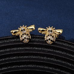 Brass Micro Pave Cubic Zirconia Bees Stud Earrings&nbsp;EJEW-K267-42G