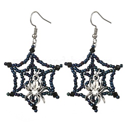 Halloween Theme Spider Web with Spider Handmade Glass Seed Beaded Dangle Earrings&nbsp;EJEW-MZ00481-02