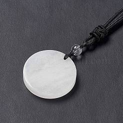 Natural Quartz Crystal Flat Round with Flower of Life Pendant Necklace with Nylon Cord for Women&nbsp;NJEW-P274-02-07