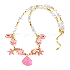 Ocean Brass Enamel Starfish Shell Shape Pendant Round ABS Imitation Pearl Beaded Necklaces&nbsp;KK-CBA4547-04C-G