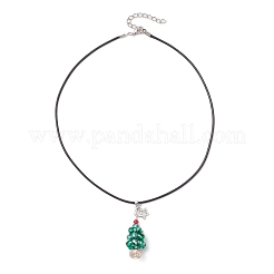 Electroplate Glass Beaded Dark Cyan Christmas Tree & Alloy Star Pendant Black Waxed Cotton Cord Necklaces&nbsp;NJEW-MZ00123-01