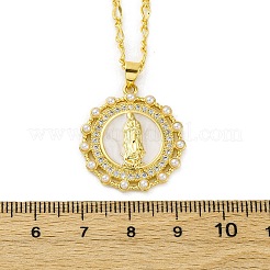 Brass Clear Cubic Zirconia Flat Round with Virgin Mary Pendant Necklaces&nbsp;LS-NJEW-C071-07A-G