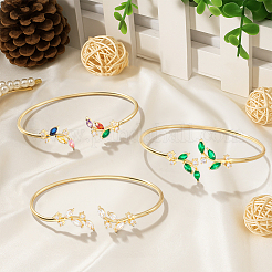 3Pcs 3 Colors Elegant Brass Cubic Zirconia Leaf Cuff Bangles for Women&nbsp;BJEW-GO0003-01G