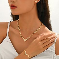 Alloy Micro Pave Clear Cubic Zirconia Letter V Link Bracelets & Stud Earrings & Pendant Necklaces Sets for Women&nbsp;FB8467