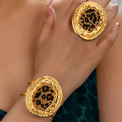 Oval with Leopard Print Pattern Alloy & Imitation Leather Cuff Bangles & Cuff Rings Sets&nbsp;FS-WG4B1E8-01