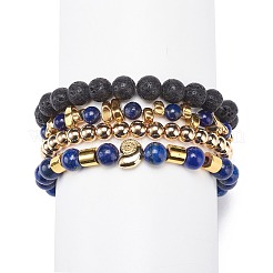 4Pcs 4 Style Natural Lava Rock & Lapis Lazuli(Dyed) & Synthetic Hematite Stretch Bracelets Set with Alloy Shell Beaded&nbsp;BJEW-JB08738