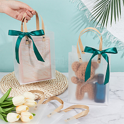 Transparent Frosted PVC Plastic Gift Tote Bags with Green Ribbon&nbsp;ABAG-WH0048-68C
