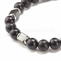 Natural Wood & Synthetic Hematite Beaded Stretch Bracelet&nbsp;BJEW-JB07928