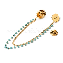 304 Stainless Steel Pave Dyed Synthetic Turquoise Hanging Chain Brooch&nbsp;JEWB-S021-04G-02