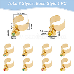 8Pcs 8 Color Birthstone Rhinestone & 201 Stainless Steel Flat Round Charm Rings Set&nbsp;RJEW-AB00003