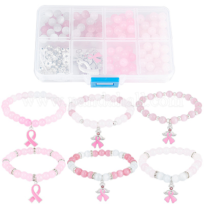 Wholesale SUNNYCLUE 1 Box DIY 6 Sets Breast Cancer Awareness Bracelets Pack Pink Ribbon Charms Beading Bracelet Making Kit Hope Health Aware Charm Imitation Jade Round Beads for Jewelry Making Kits Wo...