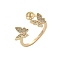 Butterfly Brass Micro Pave Cubic Zirconia Cuff Ring Setting, Cup & Peg Ring Settings for Half Drilled Beads, Real 14K Gold Plated, Inner Diameter: 19mm