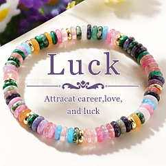 Natural Mixed Gemstone & Brass Beads Stretch Bracelets for Women, Flat Round, 6.89 inch(17.5cm), Bead: 6x1.5~2mm