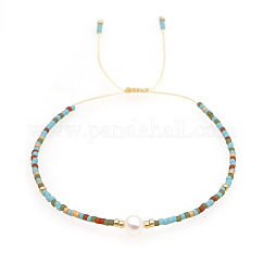 Adjustable Glass Seed Bead Braided Bead Bracelets for Women, with Natural Freshwater Pearls, Colorful, 11.02 inch(28cm)