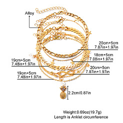 Alloy & Imitation Pearl Round Star Pineapple Charm 5 Layer Anklets for Women&nbsp;FS-WG8DB57-01