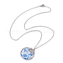 Steel Blue Glass Flat Round & Alloy Pendant Necklace&nbsp;NJEW-JN04453-02