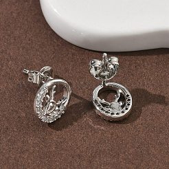 Flat Round with Deer Brass Micro Pave Clear Cubic Zirconia Stud Earrings&nbsp;EJEW-F383-11P
