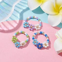 3Pcs 3 Color Glass Seed Beaded Stretch Rings Sets. Flower Stackable Rings&nbsp;RJEW-JR00617