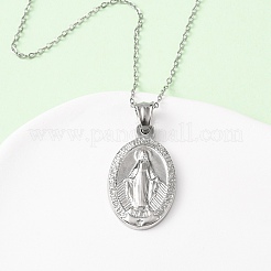 304 Stainless Steel Oval with Virgin Mary Pendant Necklaces for Women&nbsp;NJEW-B149-02P