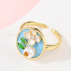 Brass Sky Blue Enamel Flower Cuff Rings&nbsp;RJEW-C139-17A-G