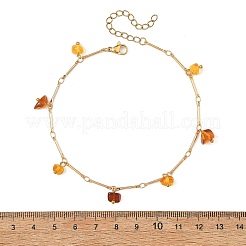 Natural Amber Chip Tassel Brass Bar Link Chain Anklets for Women&nbsp;AJEW-AN00889