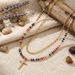 Natural Mixed Stone and Glass Beaded Stainless Steel Cross Pendant Double Layer Necklaces for Women&nbsp;GY4764-1