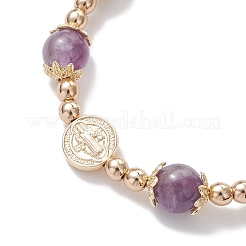 Round Brass & Shell Pearl & Synthetic Hematite & Natural Amethyst/Natural Tiger Eye/Natural Lapis Lazuli Beads Slider Bracelets for Women&nbsp;BJEW-JB12940