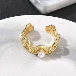 Brass with ABS Plastic Pearl Cuff Open Rings&nbsp;RJEW-Z145-04G