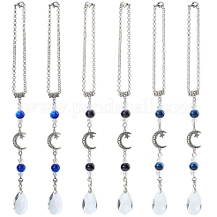 6Pcs 3 Colors Brass Rolo Chains & Glass Round Teardrop Pendant Decoration&nbsp;HJEW-SC0002-64