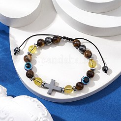 Natural Toger Eye Braided Bead Bracelets for Women Men&nbsp;BJEW-JB11138-02