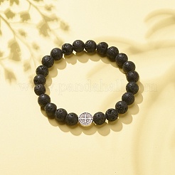 Natural Lava Rock Stretch Bracelet with Alloy Cross Coin&nbsp;BJEW-JB08192-03