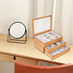 3-Tier Pine Wood Jewelry Storage Drawer Boxes with Visible Window&nbsp;CON-WH0095-222