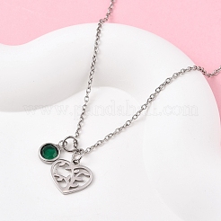 Valentine's Day 304 Stainless Steel & Green Glass Tree Heart Pendant Cable Chain Necklaces for Women&nbsp;NJEW-FS00014-05