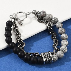 Natural Round Picasso Stone & Frosted Black Bead Bracelets&nbsp;BJEW-M081-01A